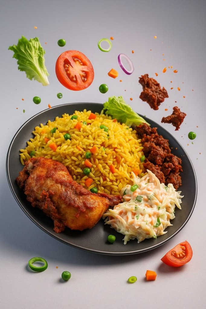 Fried rice with fried chicken, shito, and coleslaw